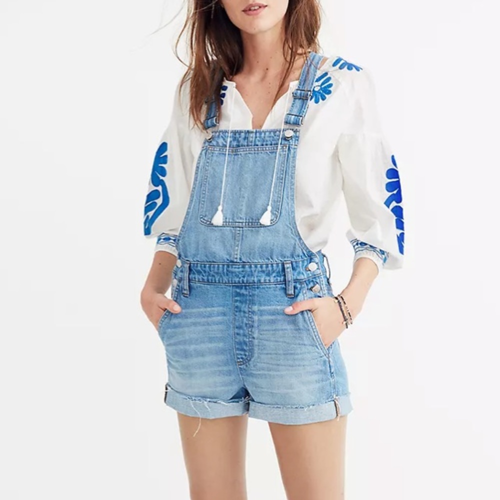 Madewell Light Wash Denim Short Overalls with White Embroidered Top